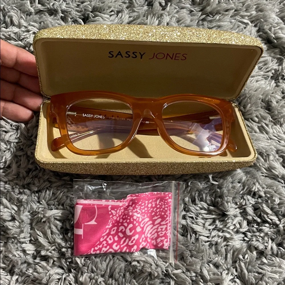 Sassy Jones Clear Non-Script glasses Rhinestone Amber Print Readers +2.00